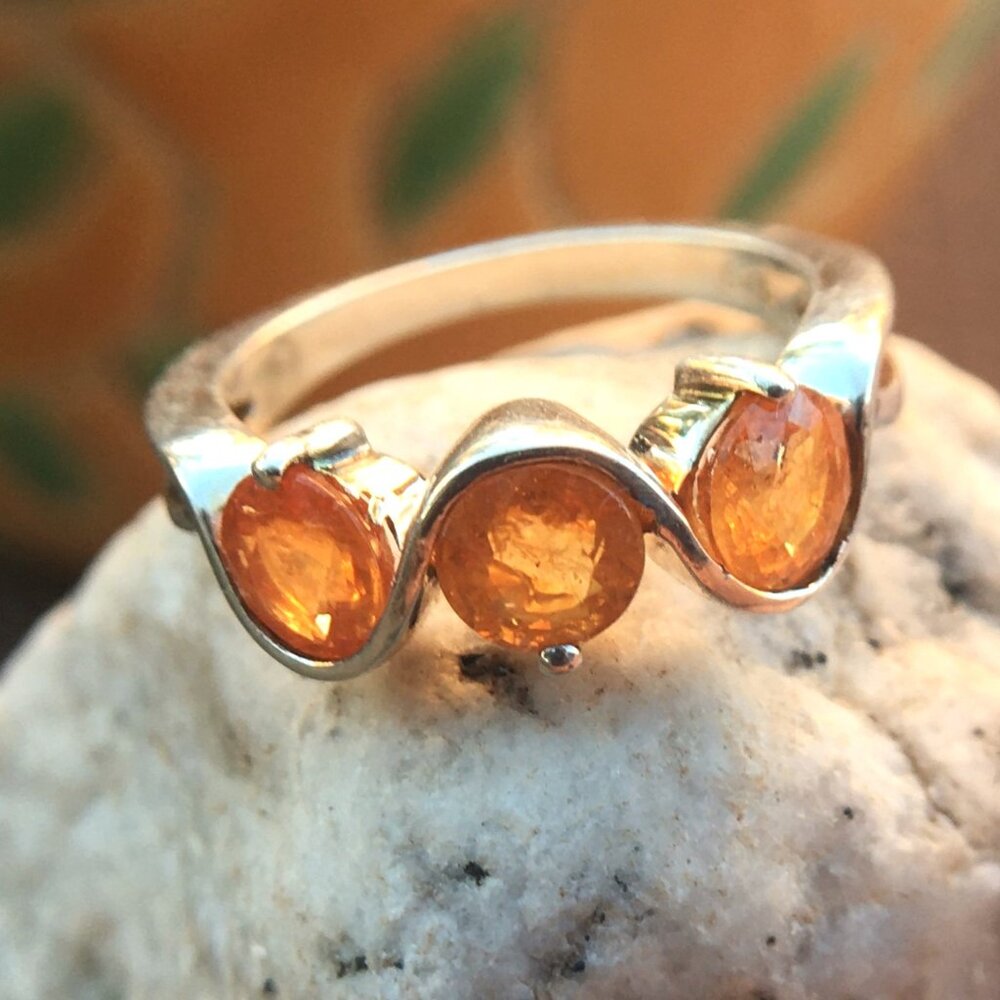 Spessartite Garnet .925 Trilogy Ring Natural Orange Gemstones Sterling Silver